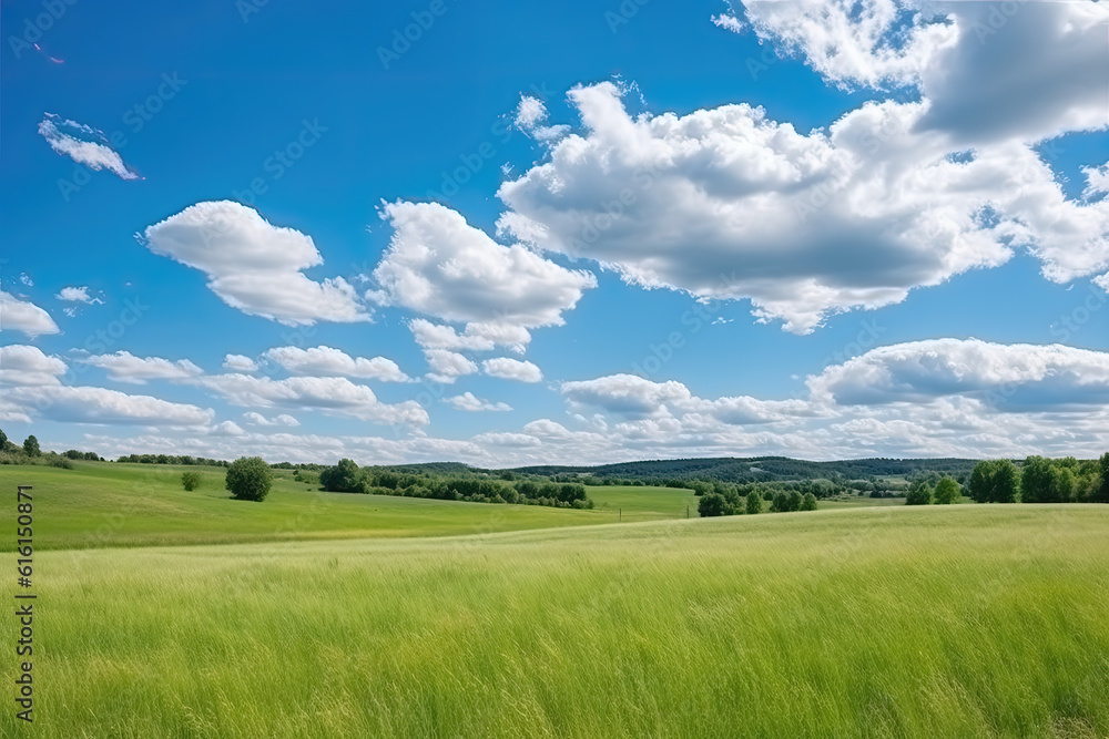 Green Farm Skyline under the blue sky and white clouds