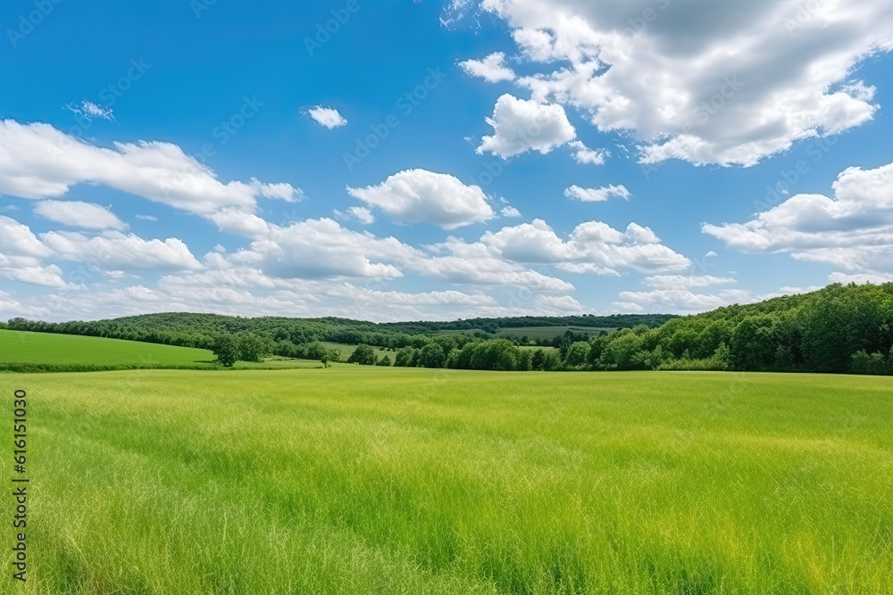 Green Farm Skyline under the blue sky and white clouds