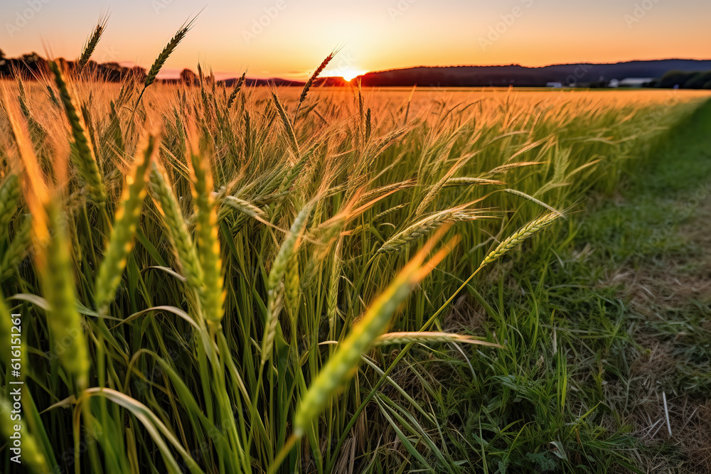 Farm wheat fields under AI sunset