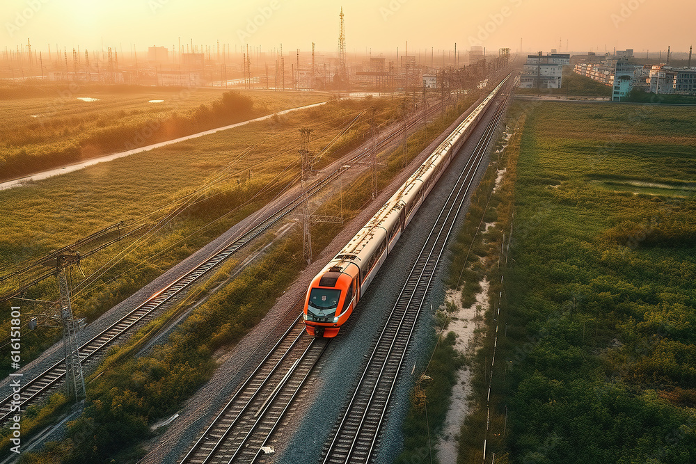 In the background of dusk, high -speed fast train passenger locomotives are in the field of speed mo