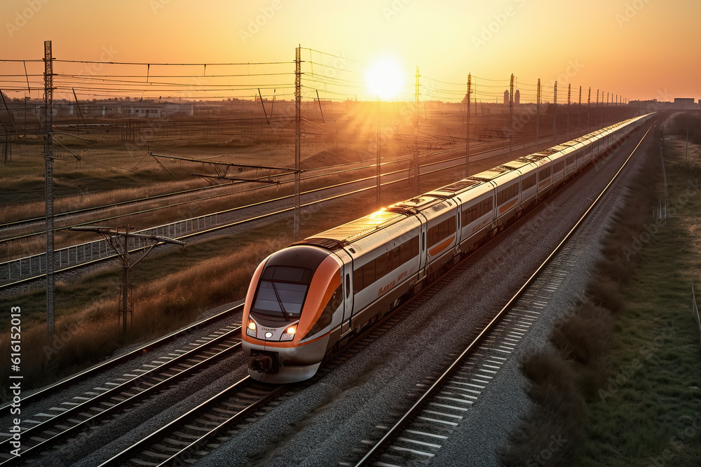 In the background of dusk, high -speed fast train passenger locomotives are in the field of speed mo