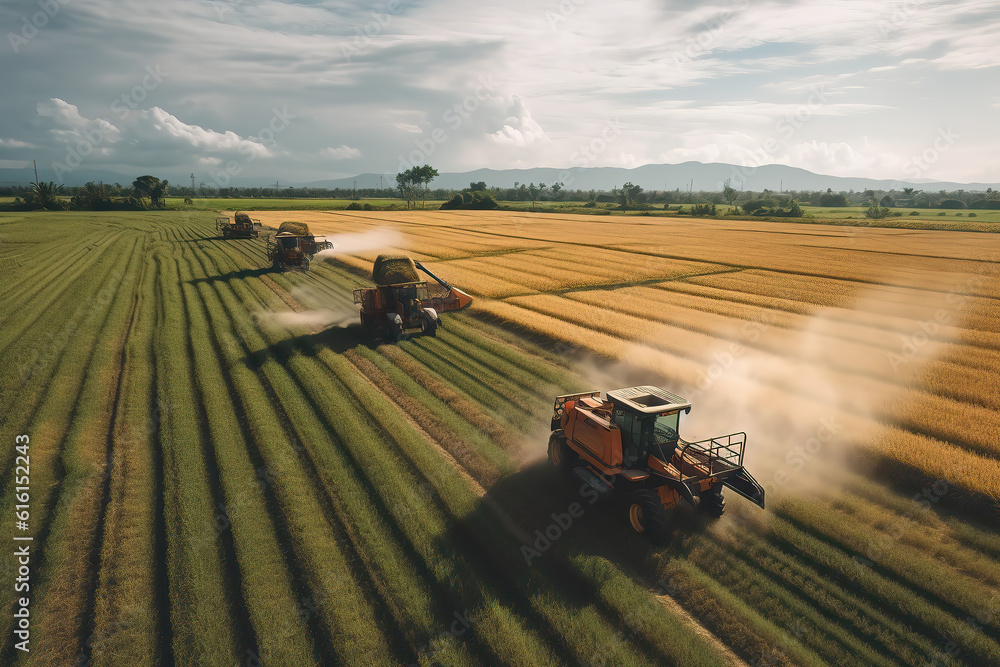 AI harvester agricultural machines harvest gold and mature wheat fields.