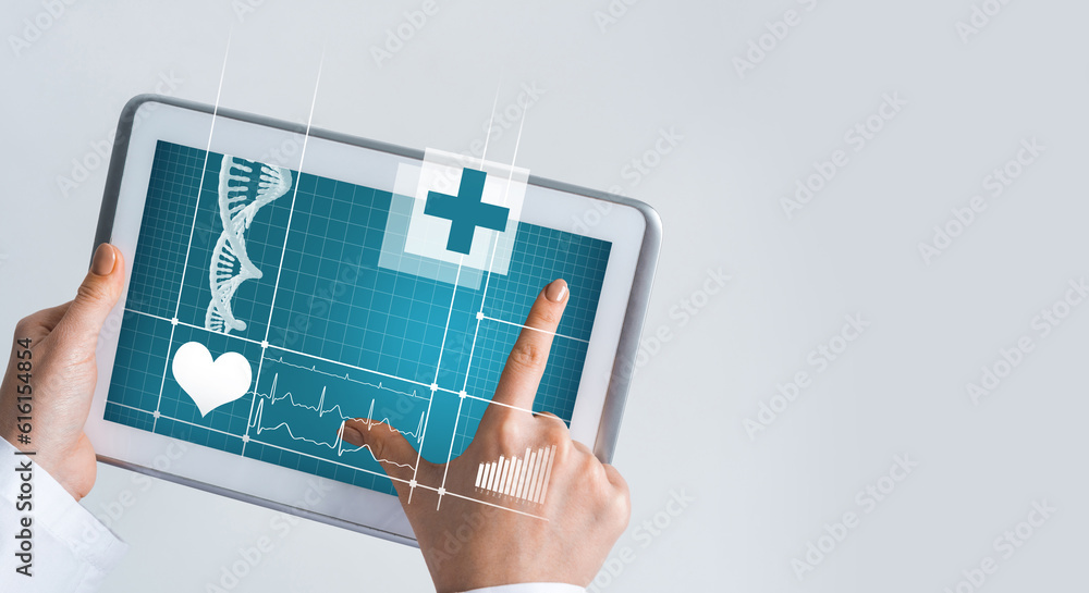 Close of female doctor hands working with tablet pc computer