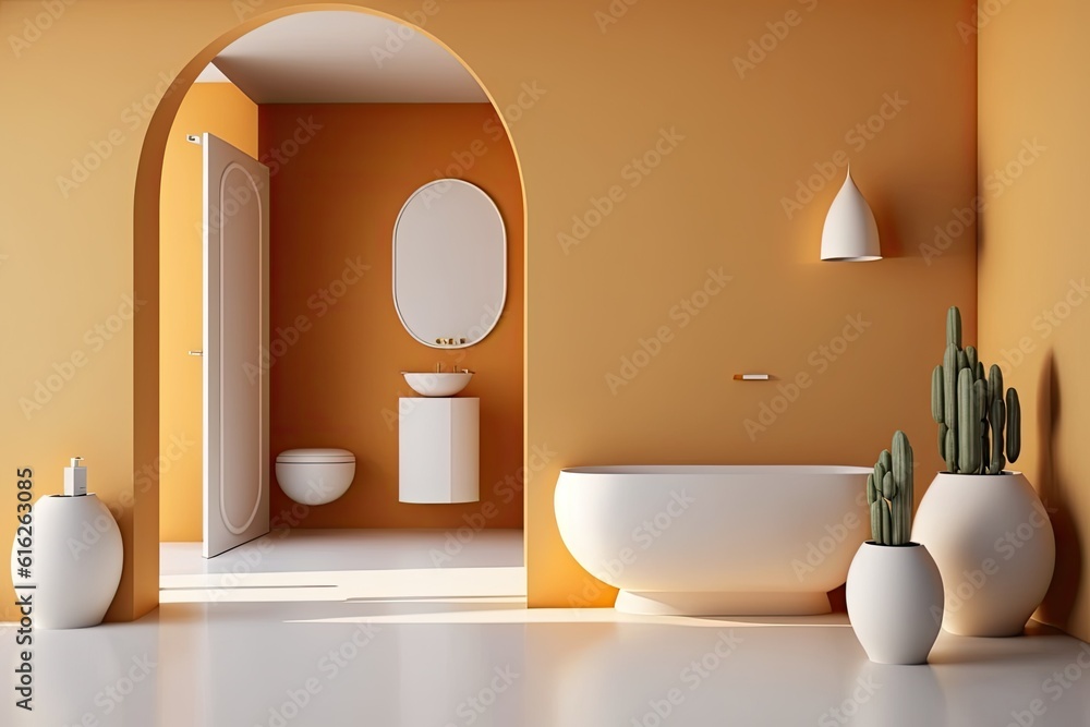 modern bathroom with a toilet, sink, and decorative cactus plant. Generative AI