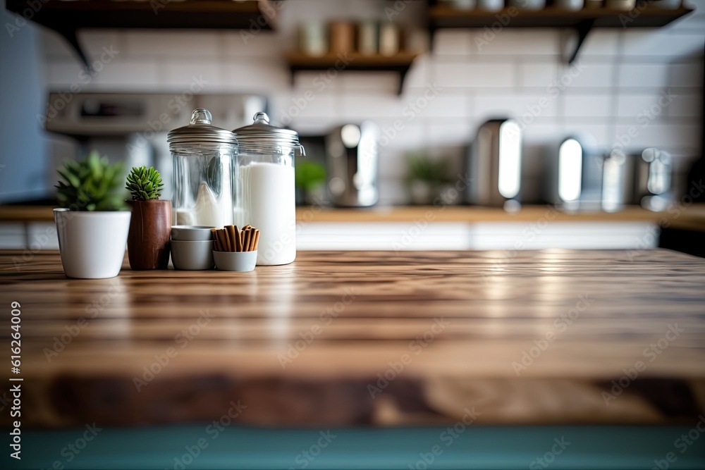 wooden table with glasses of milk on top. Generative AI