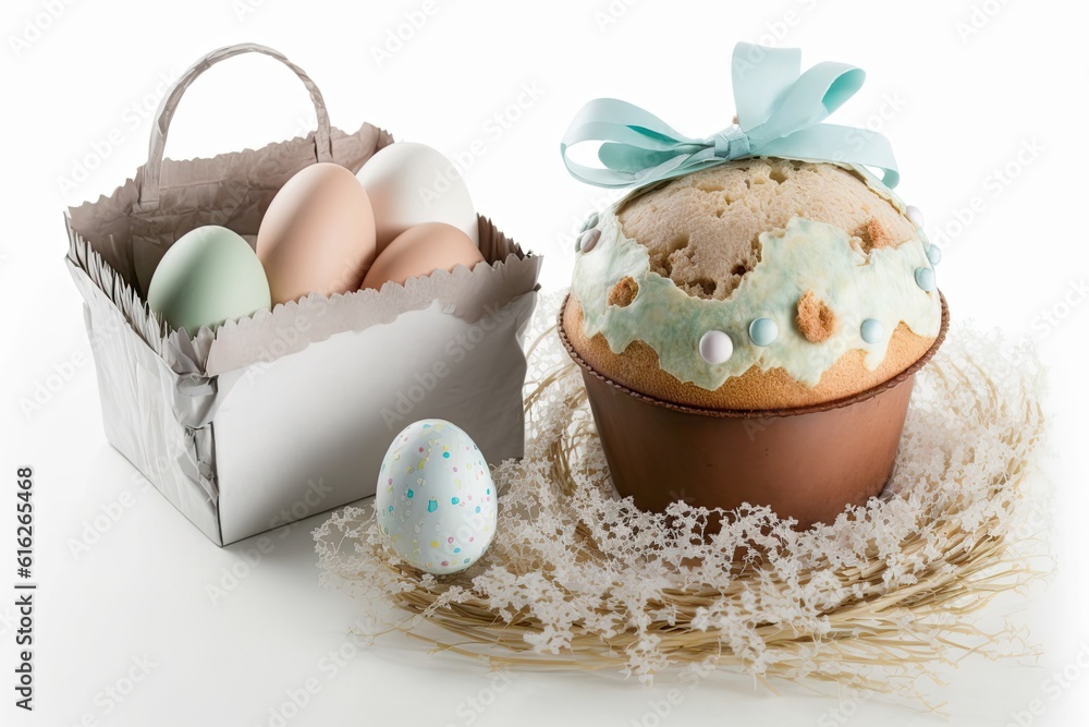 basket of eggs next to a cupcake on a wooden table. Generative AI