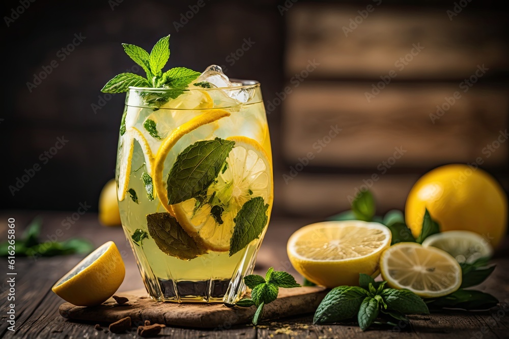 refreshing glass of lemonade with fresh mint and lemon slices on a sunny day. Generative AI