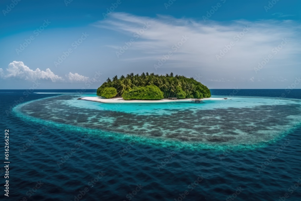 solitary island surrounded by vast ocean waters. Generative AI