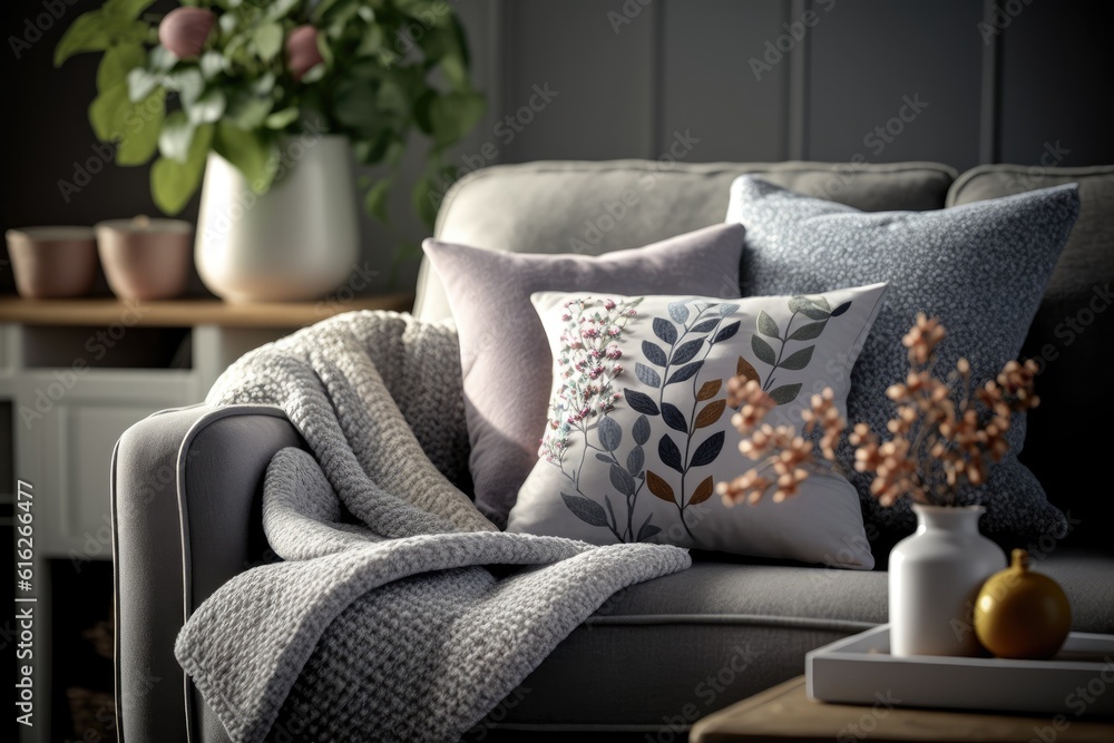 cozy living room with a comfortable couch and decorative pillows, accompanied by a vase of fresh flo