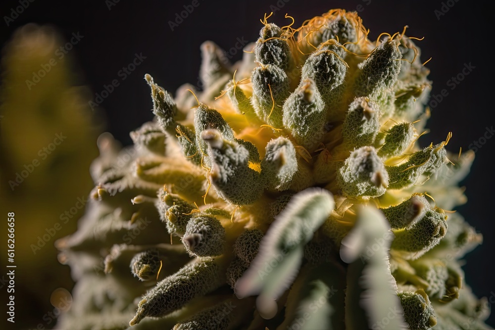 green plant with vibrant yellow tips up close. Generative AI