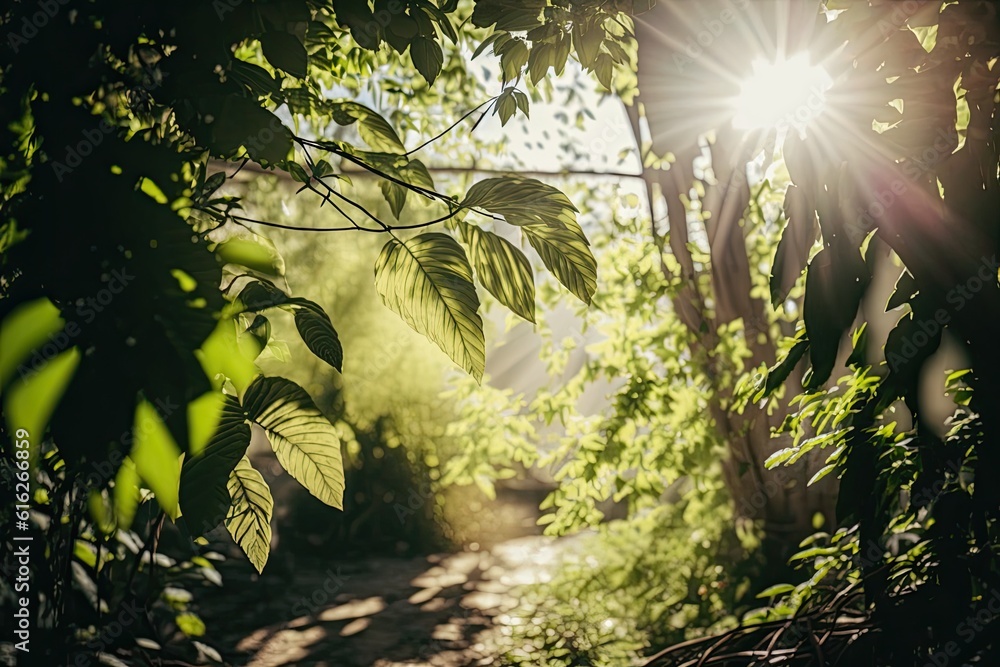 sunlight filtering through the green foliage of a tree. Generative AI