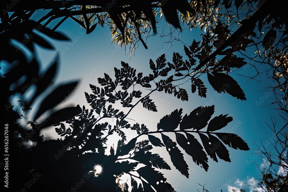 sunlight filtering through the leaves of a tree. Generative AI