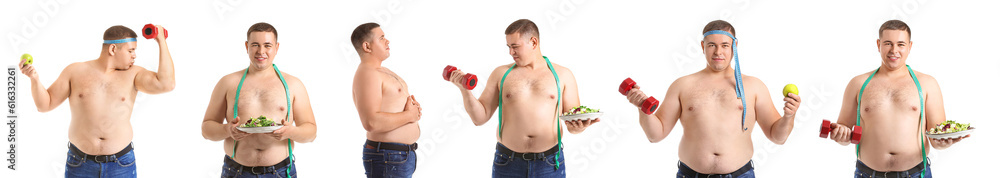 Collage of overweight man on white background. Diet concept