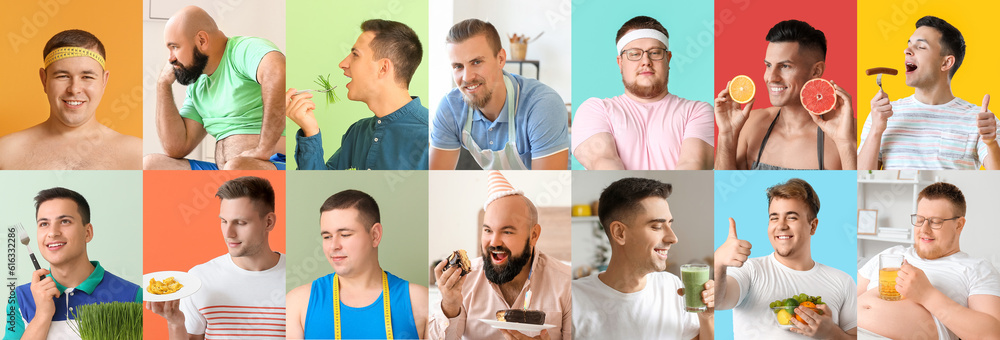 Collage of overweight and slim men with different food. Diet concept