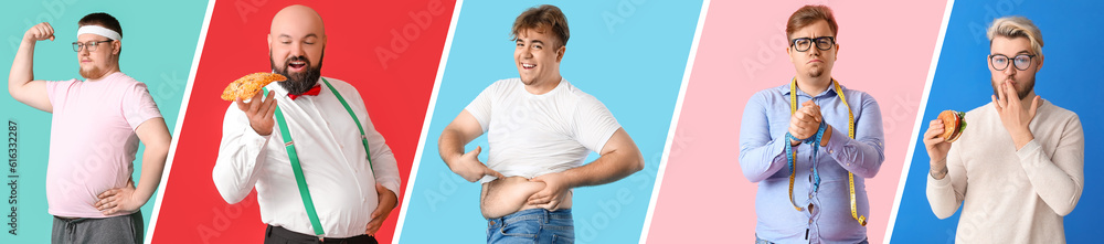 Collage of overweight men on color background. Diet concept