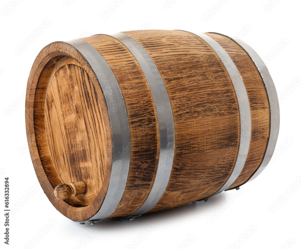 Oak barrel with metal hoops isolated on white background