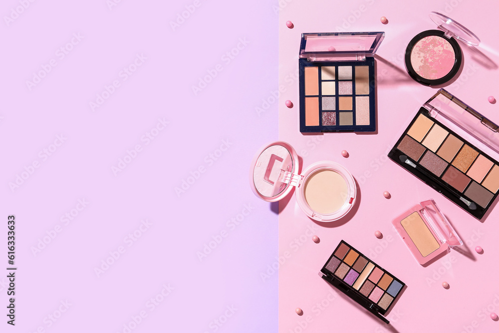 Decorative cosmetics on color background