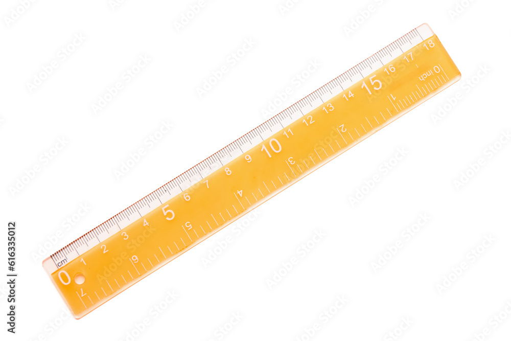 Orange plastic ruler on white background