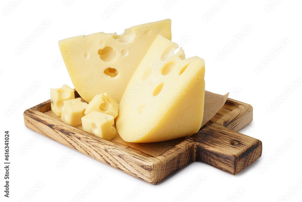 Pieces of Swiss cheese and wooden board on white background