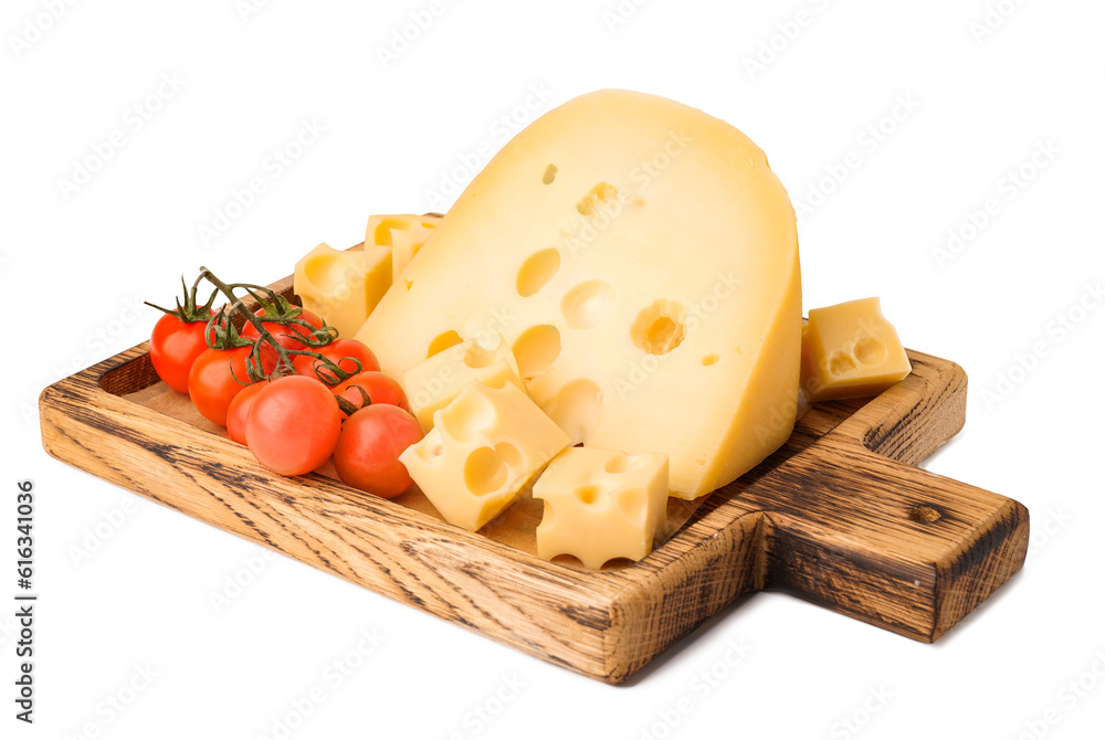 Pieces of Swiss cheese with tomatoes cherry and wooden board on white background