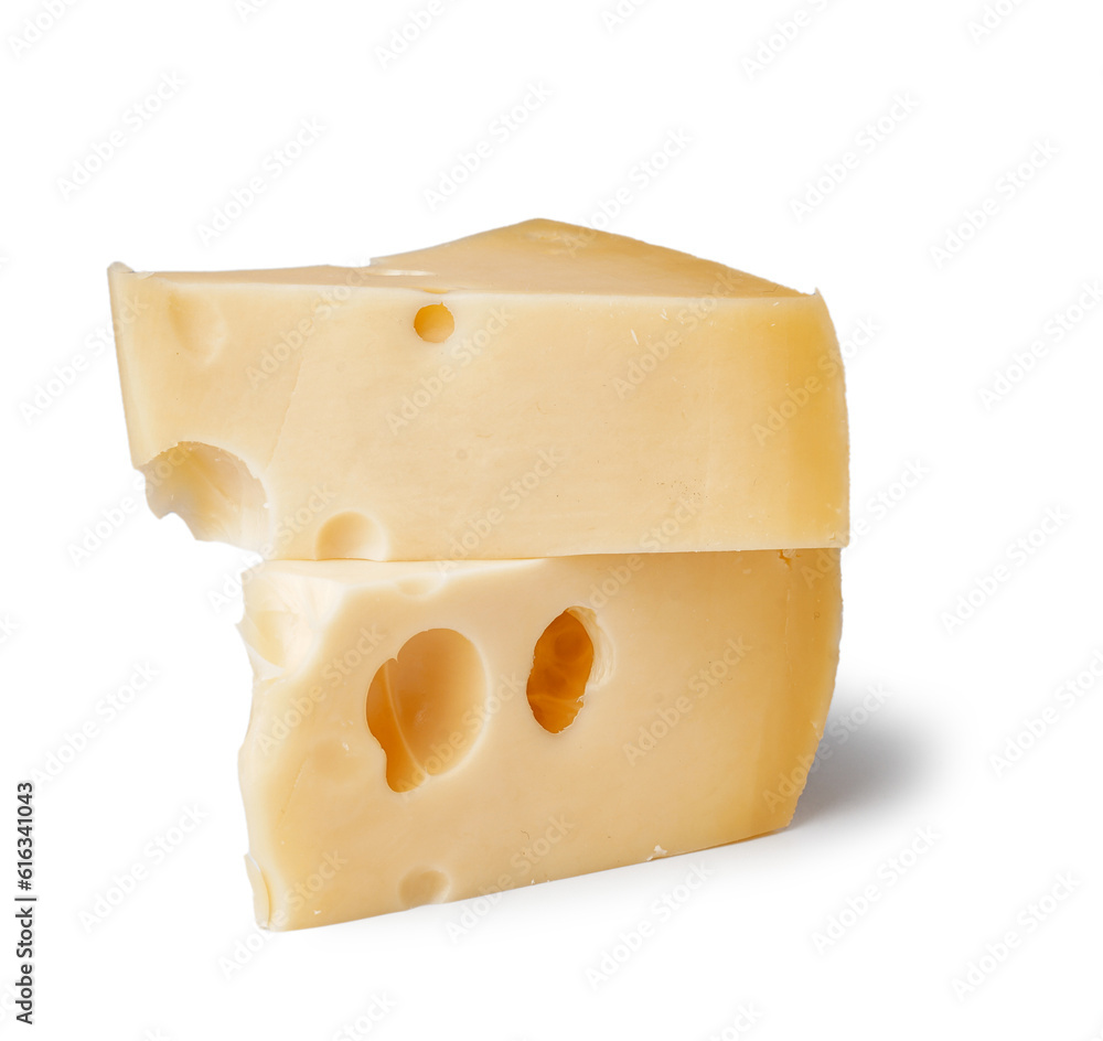 Pieces of Swiss cheese on white background