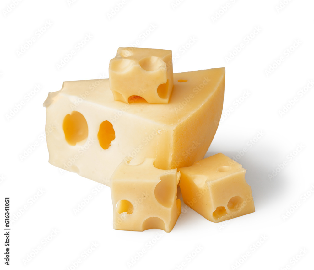 Piece and cubes of Swiss cheese on white background