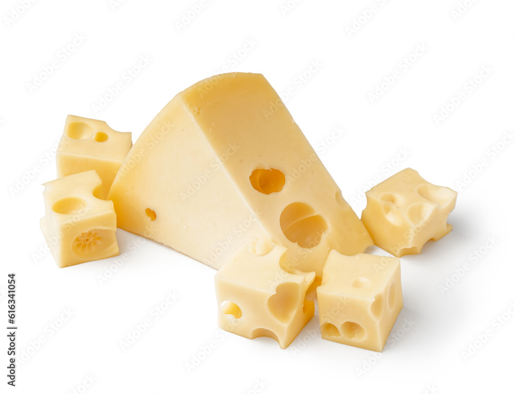 Piece and cubes of Swiss cheese on white background