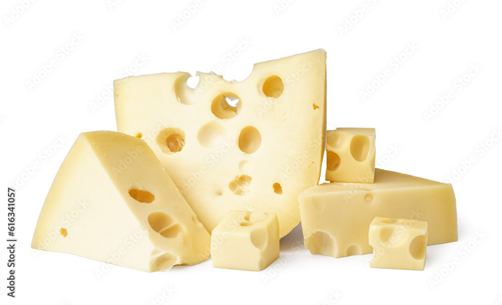 Pieces and cubes of Swiss cheese on white background