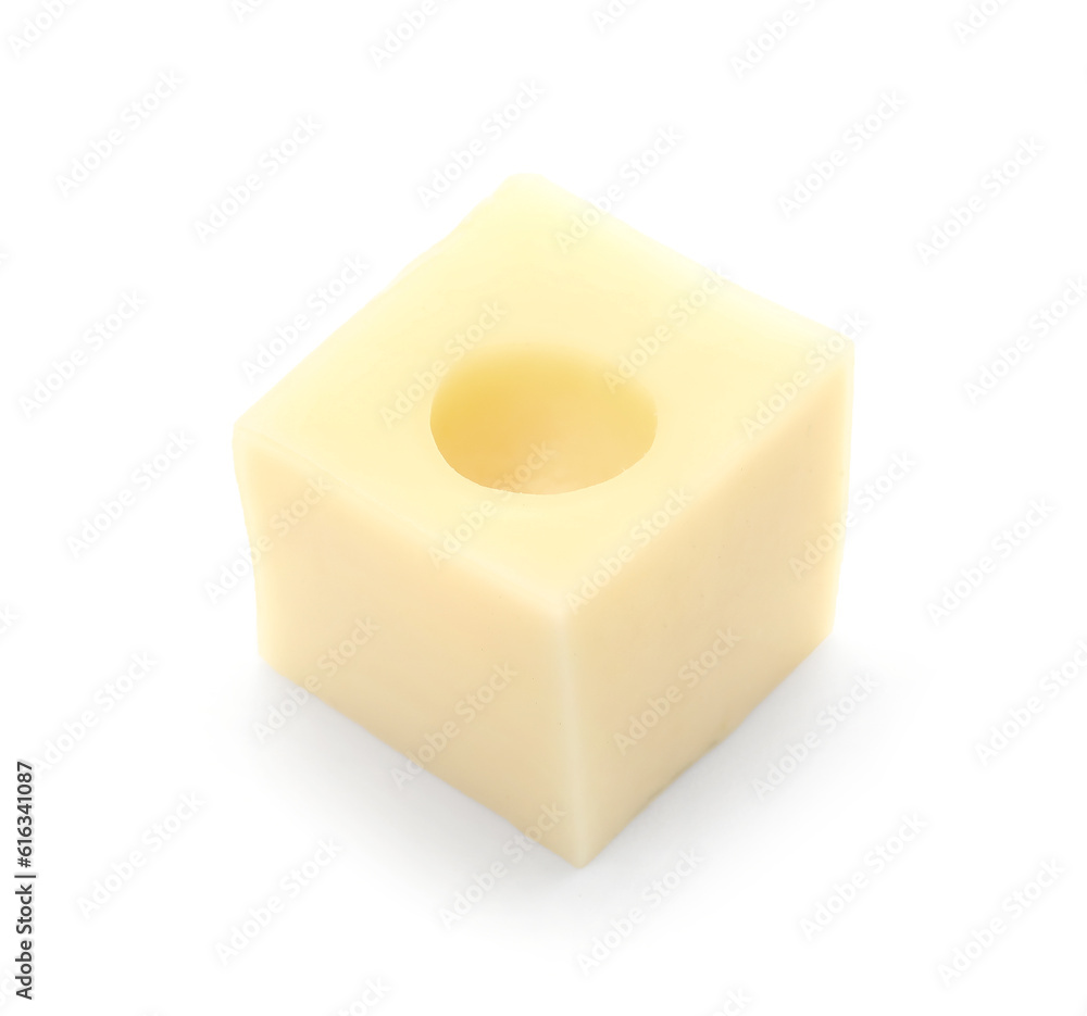 Cube of tasty Swiss cheese isolated on white background