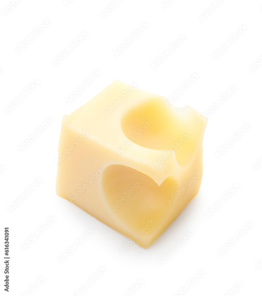 Cube of tasty Swiss cheese isolated on white background