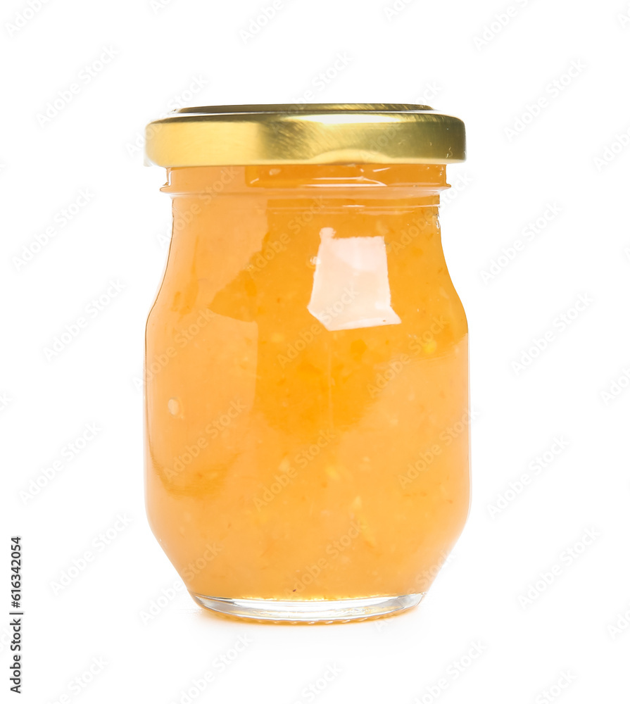 Jar of sweet jam isolated on white background