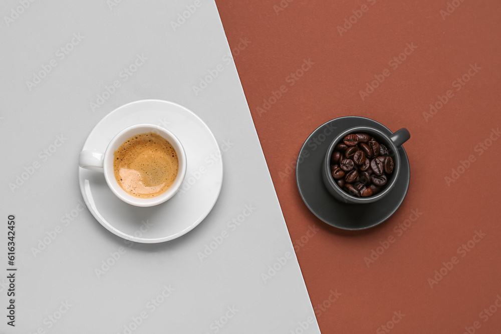 Cups of hot espresso and coffee beans on color background