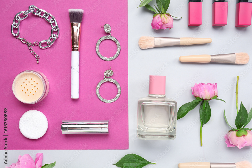 Composition with female accessories, cosmetics, makeup brushes and peony flowers on color background