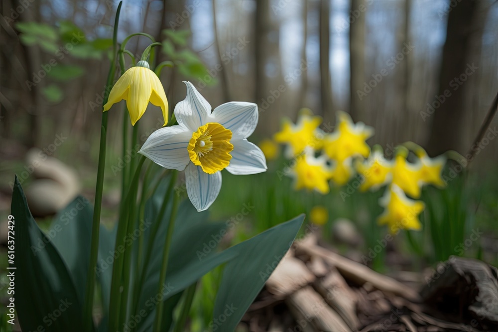 yellow and white wildflowers in a forest clearing. Generative AI