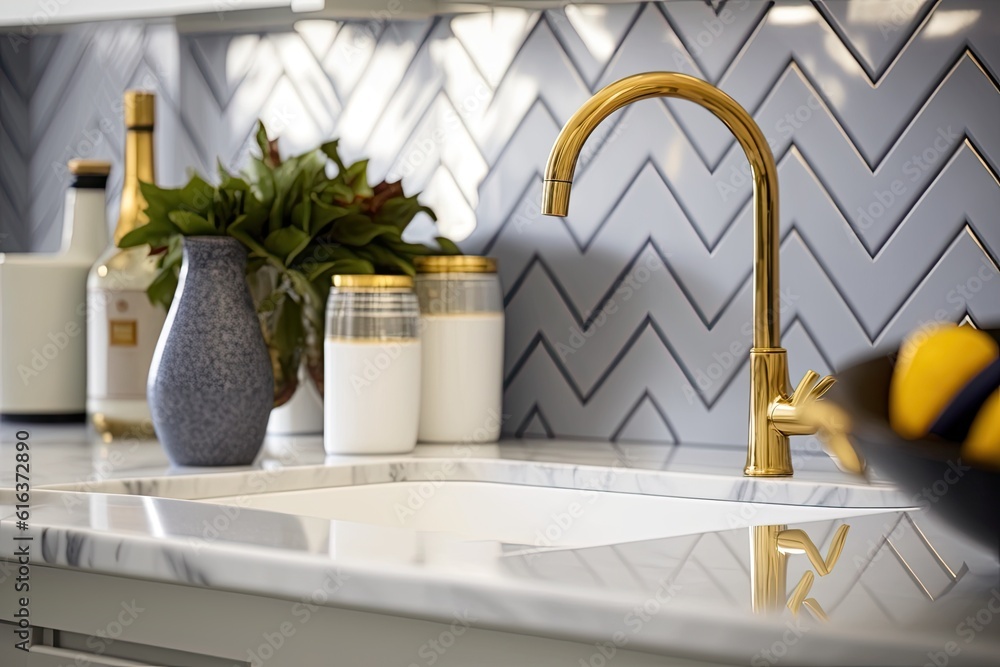 luxurious kitchen sink with gold faucet and marble counter top. Generative AI