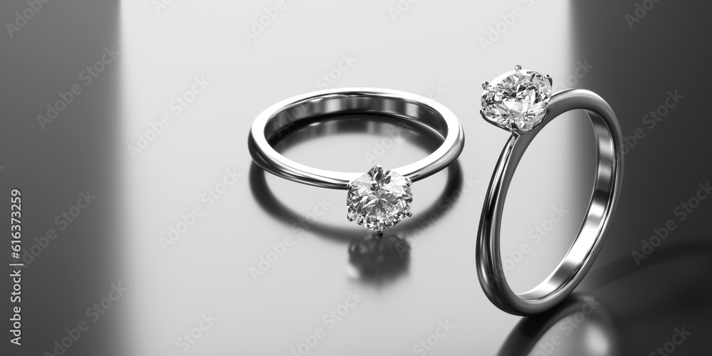 Diamond rings Placed on glossy background macro focus main object 3d rendering