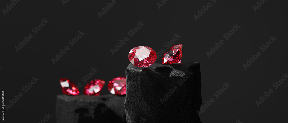 Ruby Gem Diamond group placed on dark background soft focus 3d rendering