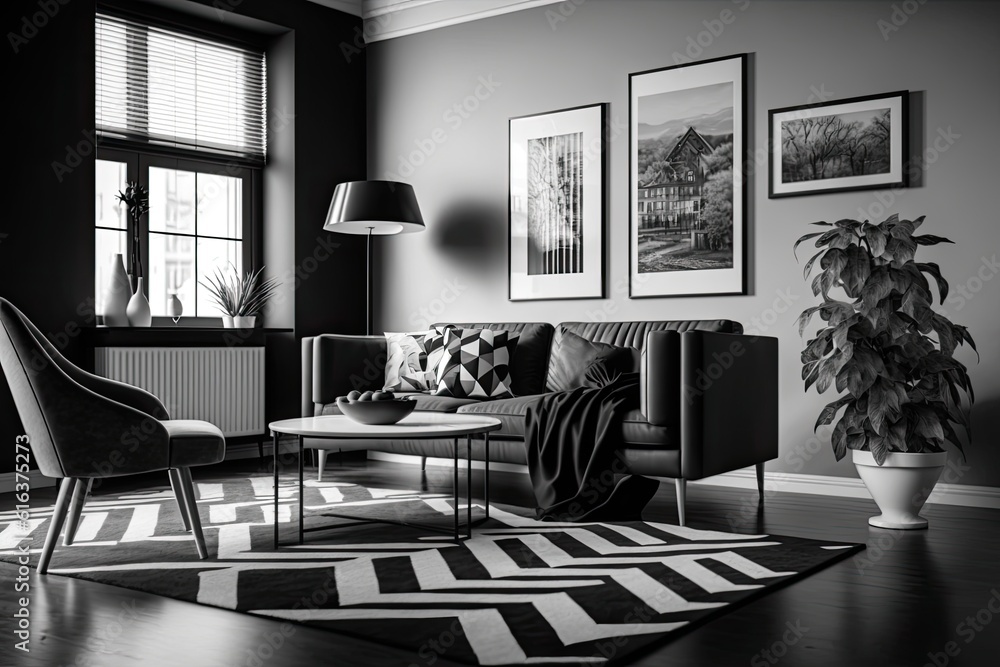 cozy black and white living room with modern decor. Generative AI