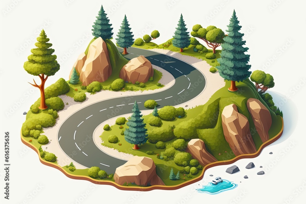 scenic, winding road surrounded by lush trees in a dense forest. Generative AI