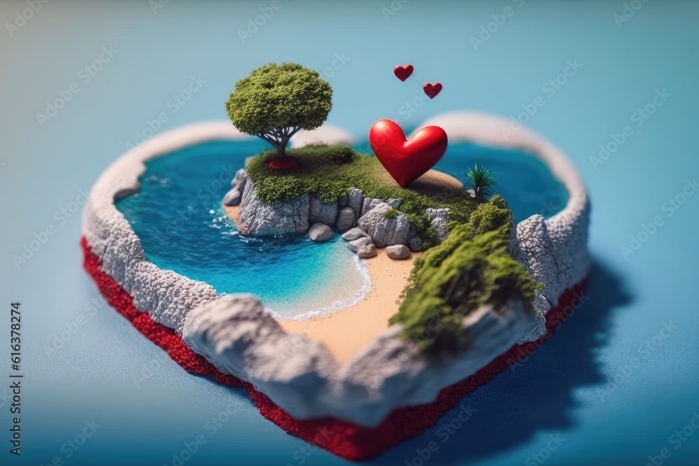 romantic heart-shaped island with a solitary tree standing atop. Generative AI