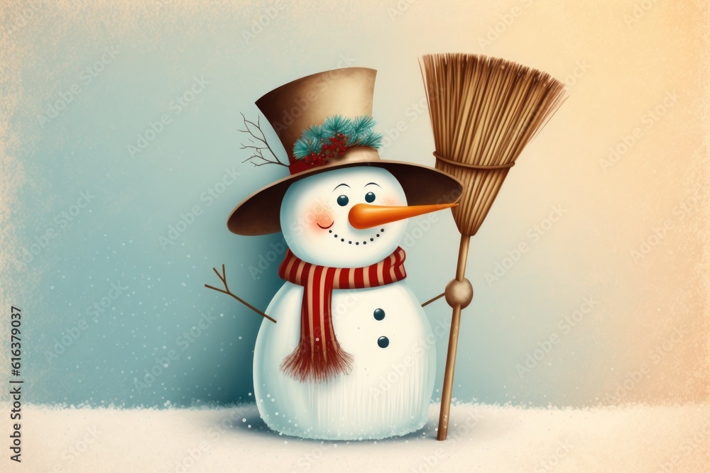 snowman holding a broom and wearing a hat. Generative AI