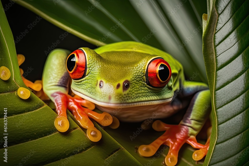 green frog with red eyes perched on a leaf. Generative AI