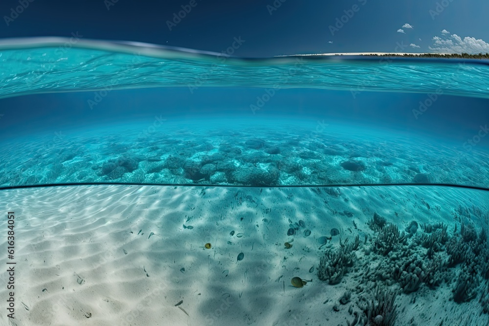 idyllic sandy beach with crystal-clear blue water and underwater views. Generative AI