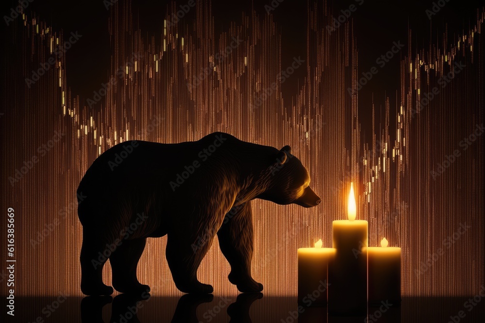 bear standing next to a lit candle in the dark forest. Generative AI