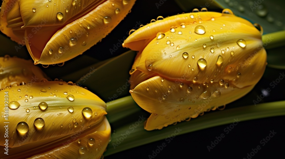 Yellow Tulips flowers with water drops background. Closeup of blossom with glistening droplets. Gene