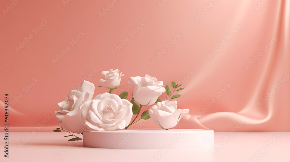 Podium with pink roses on pastel pink background to display products, gift or cosmetics. Generative 