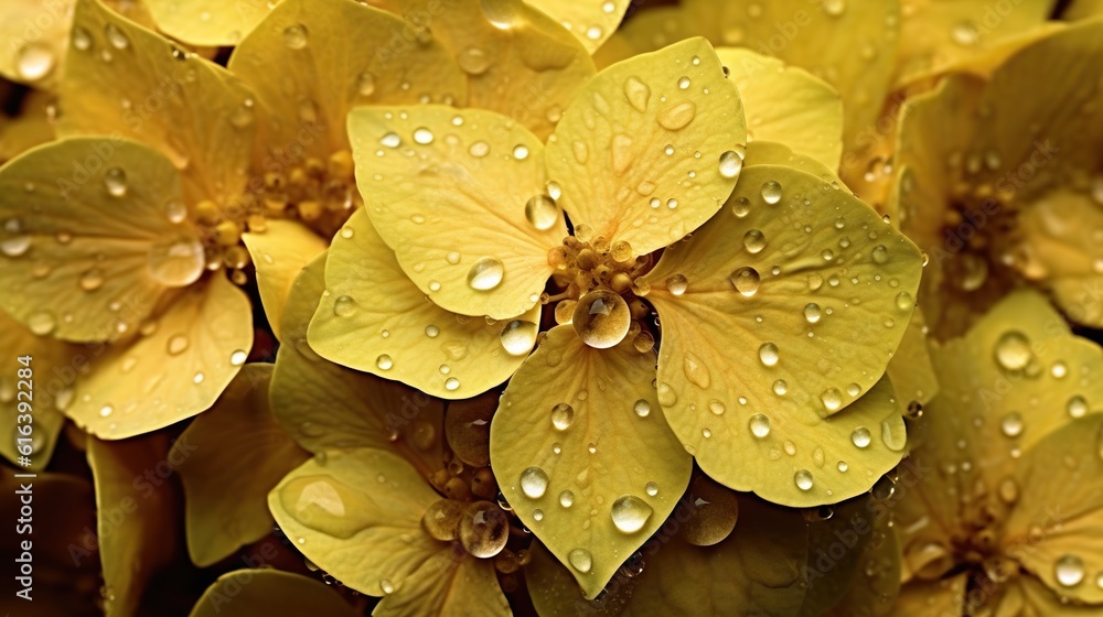 Yellow Hydrangeas flowers with water drops background. Closeup of blossom with glistening droplets. 