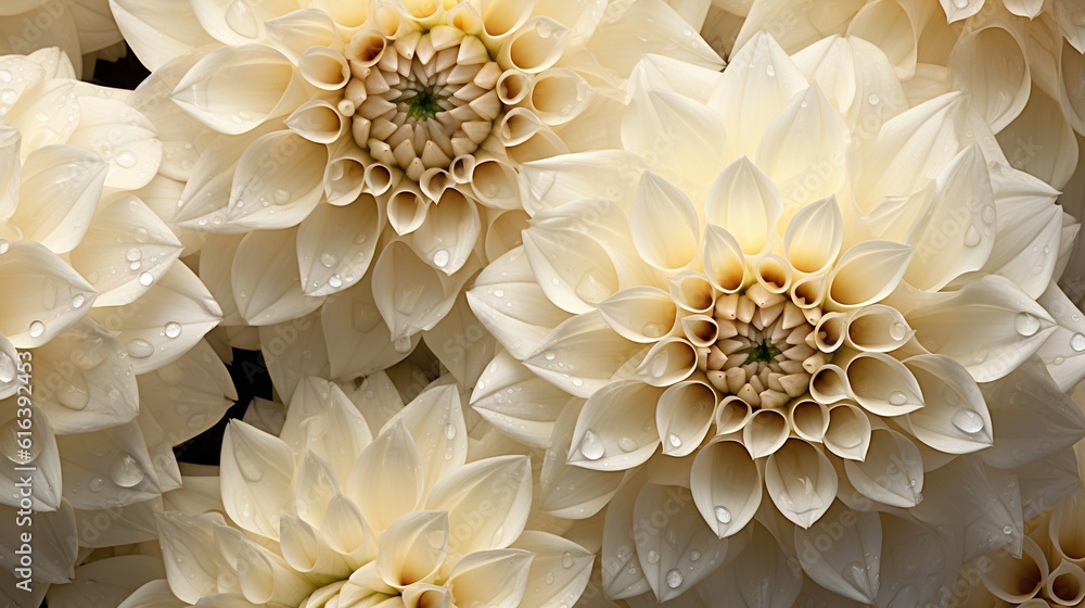 Creamy Dahlia flowers with water drops background. Closeup of delicate blossom with glistening dropl