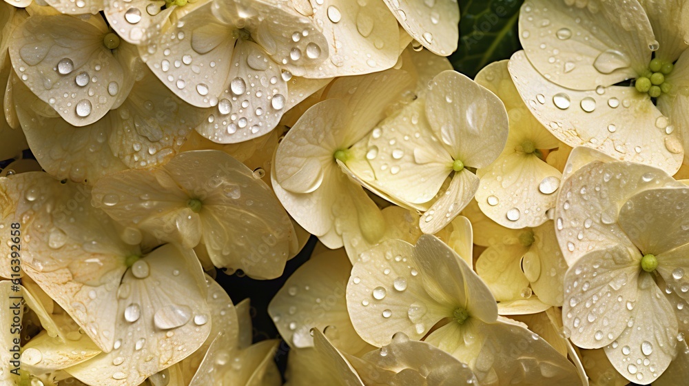 Creamy Hydrangeas flowers with water drops background. Closeup of blossom with glistening droplets. 