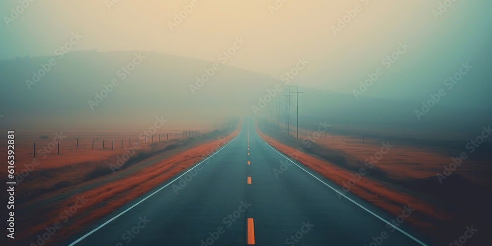 Minimalistic misty empty road. Foggy highway. Mystery travel concept. Generative AI